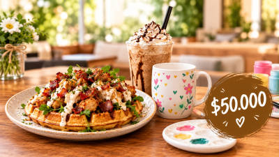 Celebra el amor y amistad con esta promo de 1 Waffle de pollo y tocineta + 1 Frappe Café + 1 Cerámica por sólo 50mil pesos.